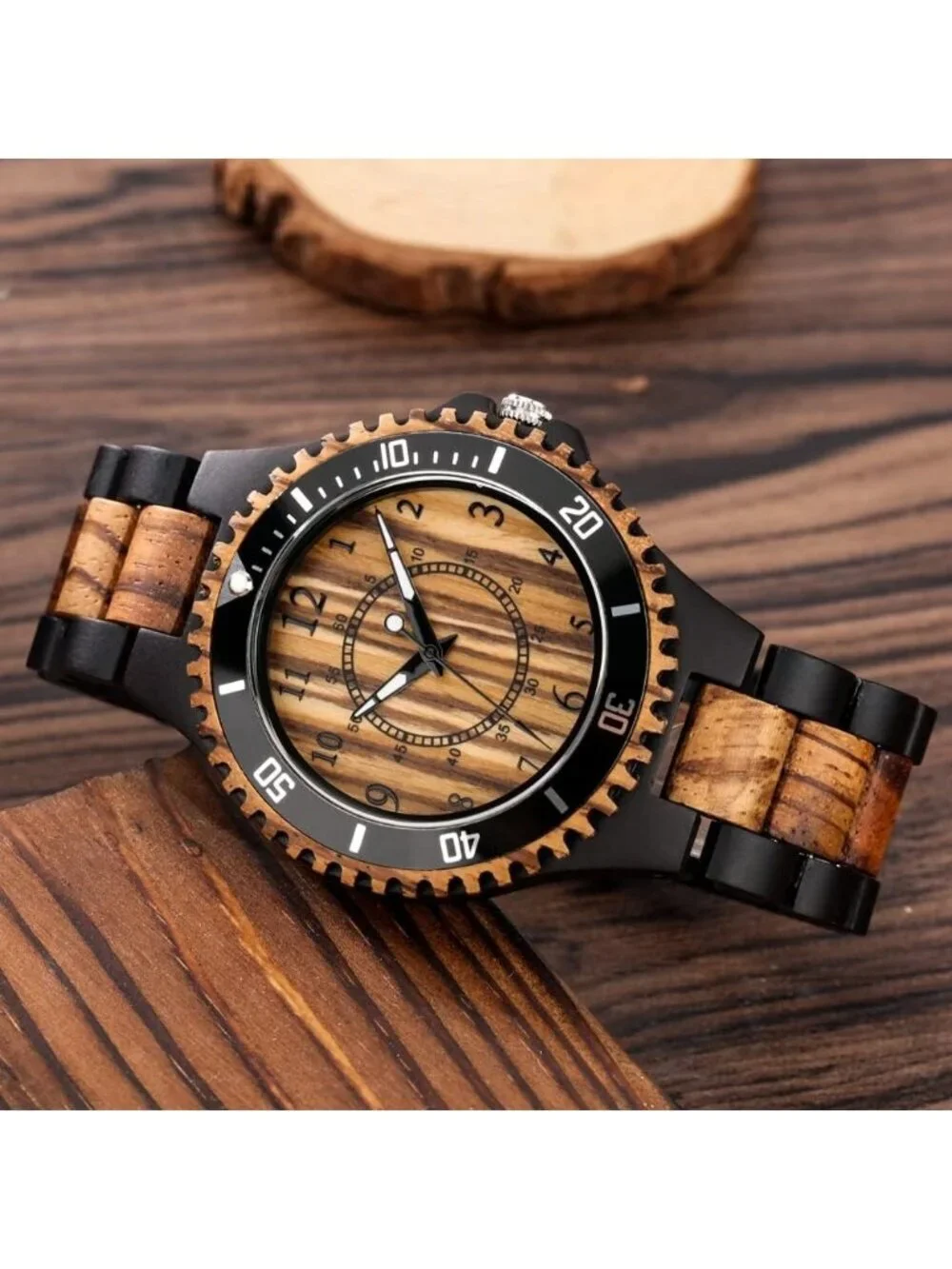 Men's Brown Quartz Ebony Zebra Fold over Clasp Wood Strap Round Wooden Watch